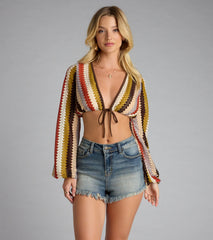 Coastal Crush Striped Crochet Tie-Front Crop Top