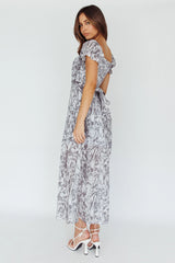Linka Off-Shoulder Tie Back Midi Dress Printed Grey