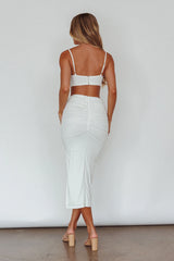 Mary Jane Gathered Bust Tie Back Midi Dress White