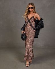Under Her Spell Satin Lace Trim Animal Print Maxi Dress