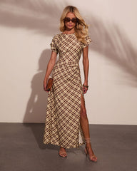 Collected Calm Ruched Plaid Maxi Dress