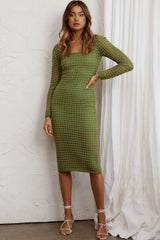 Fleur Crochet Overlay Long Sleeve Midi Dress Olive