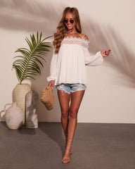 Coastal Moonlight Floral Crochet Eyelet Blouse