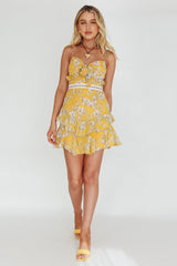 Flower Child Bust Tie Crochet Trim Dress Orchid Print Yellow