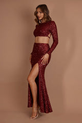 Nights In Monaco Split Sequin Maxi Skirt Burgundy