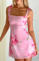 Akira Pink Floral Chiffon Tie Mini Dress