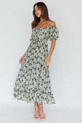 Voyager Off-Shoulder Bell Sleeve Midi Dress Floral Green