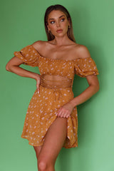 Full Hearts Lace-Up Waist Dress Floral Orange