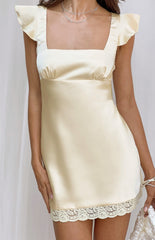 Dasha Yellow Satin Lace Trim Mini Dress