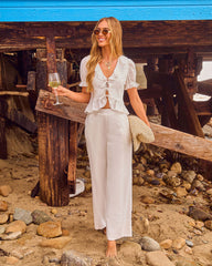 Mediterranean Morning Ruffle Linen Blend Front Tie Peplum Top