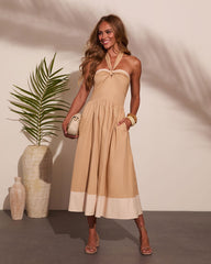 Harbor Standard Cotton Color Block Halter Neck Midi Dress