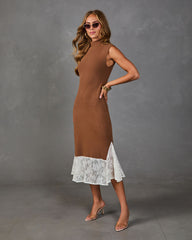 Reign Knit Mock Neck Lace Trim Midi Dress