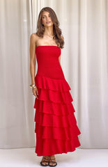 Riles Red Strapless Ruffle Maxi Dress