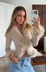 Violetta Beige Fur Trim Knit Cardigan