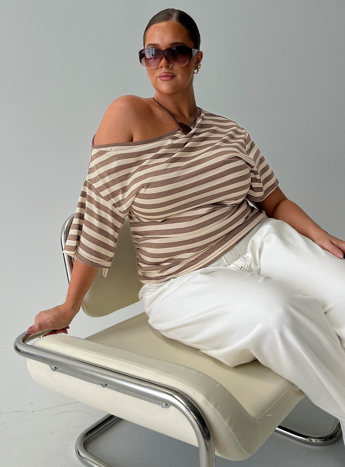 Emlynn Off Shoulder Top Brown Stripe Curve