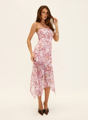 Coralis Strapless Asymmetrical Midi Dress Pink Paisley