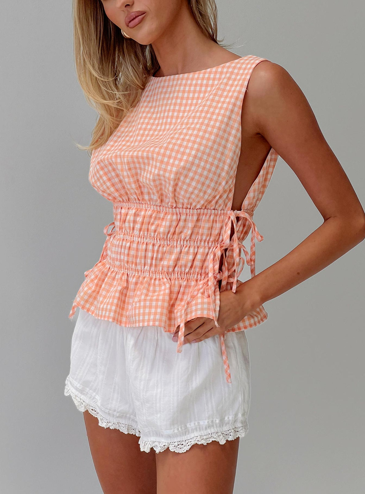 Antiqued Tie Side Top Orange Check