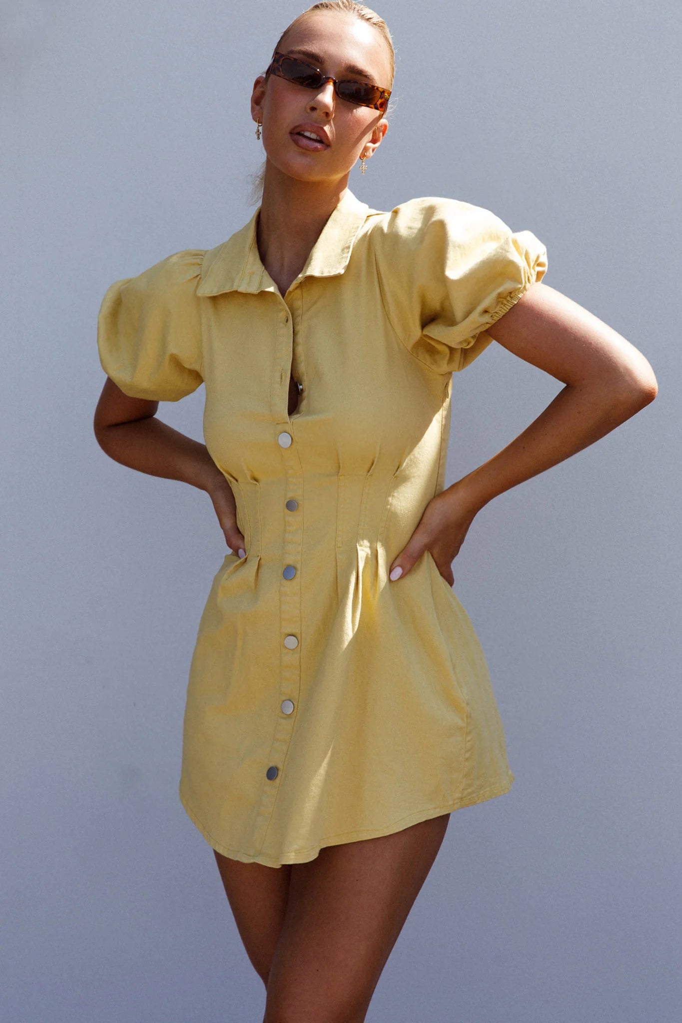 Zurich Pleated Waist Shirt Dress Light Yellow