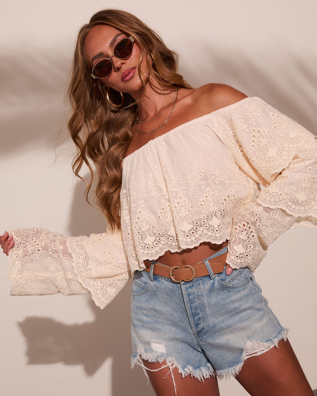 Garden Gathering Mesh Eyelet Off The Shoulder Blouse