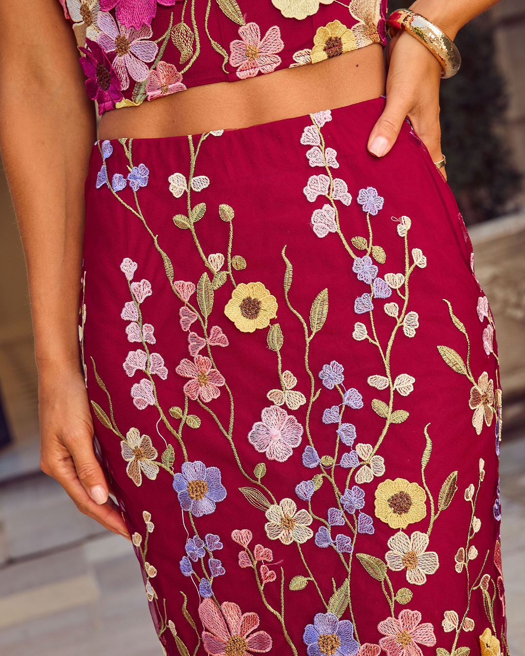 Petal Falls Floral Applique Midi Skirt