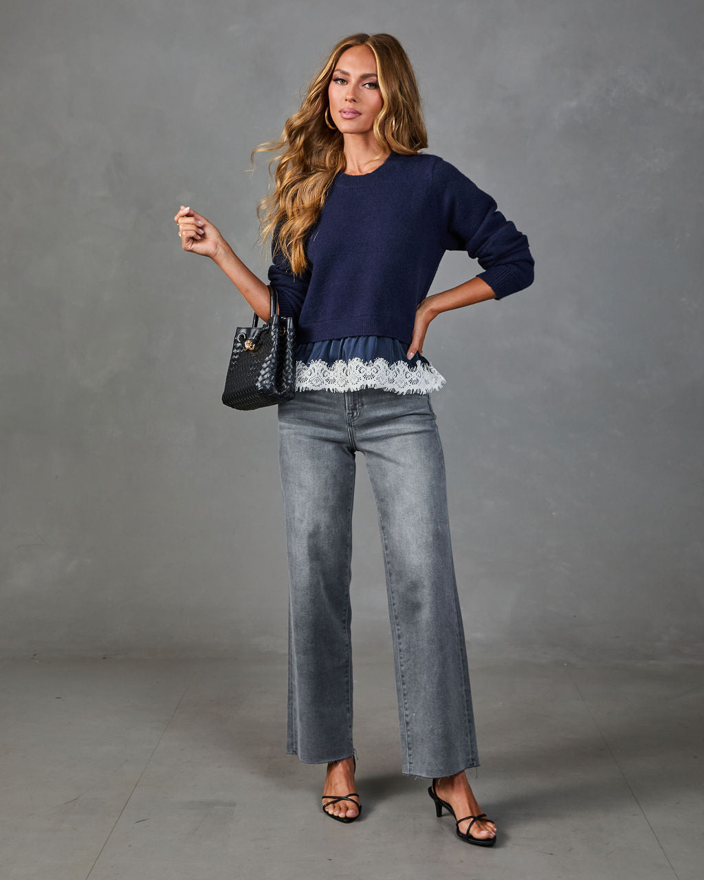 Coastal League Knit Satin Lace Trim Sweater