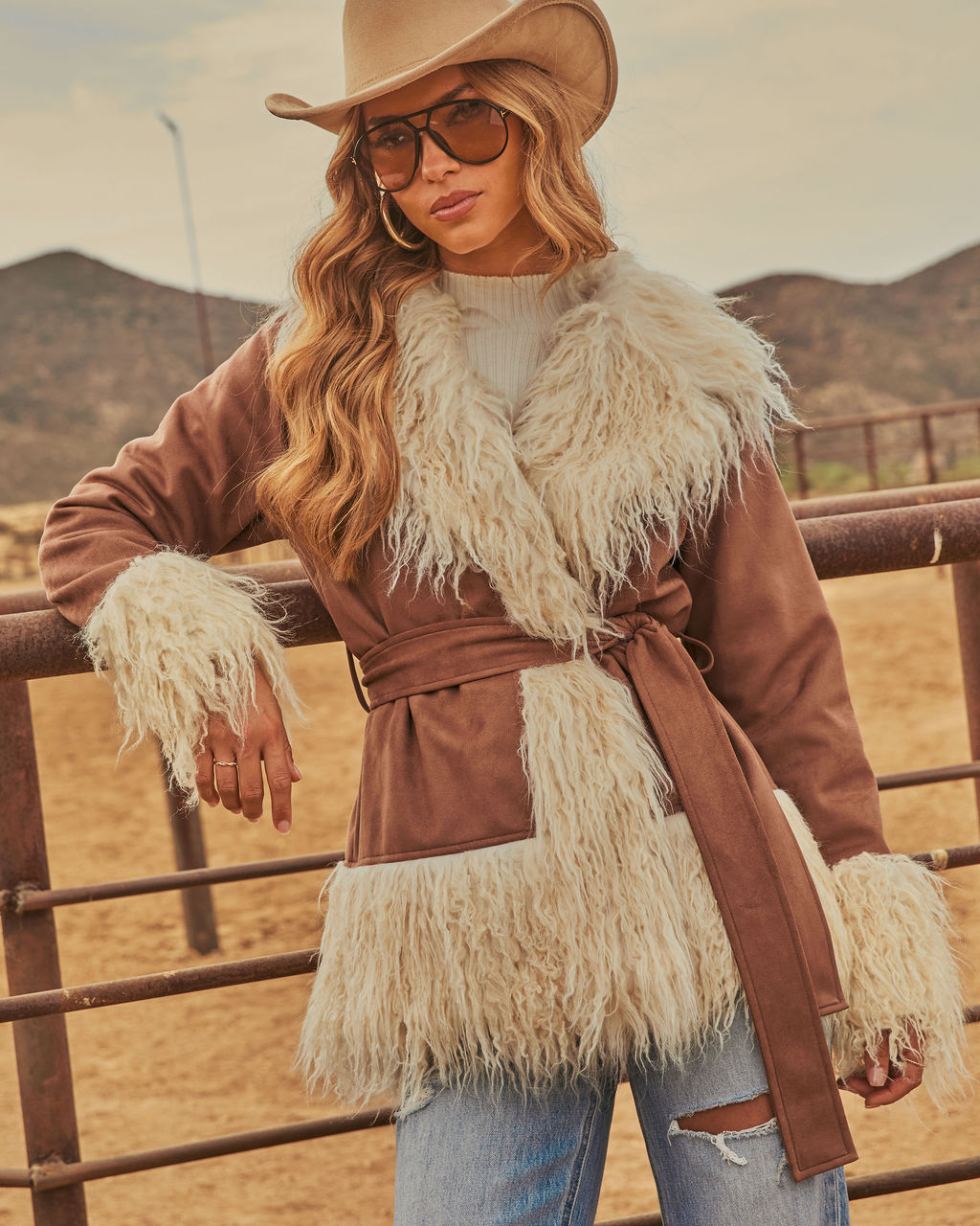 Heidi Shaggy Shearling Faux Suede Wrap Tie Jacket