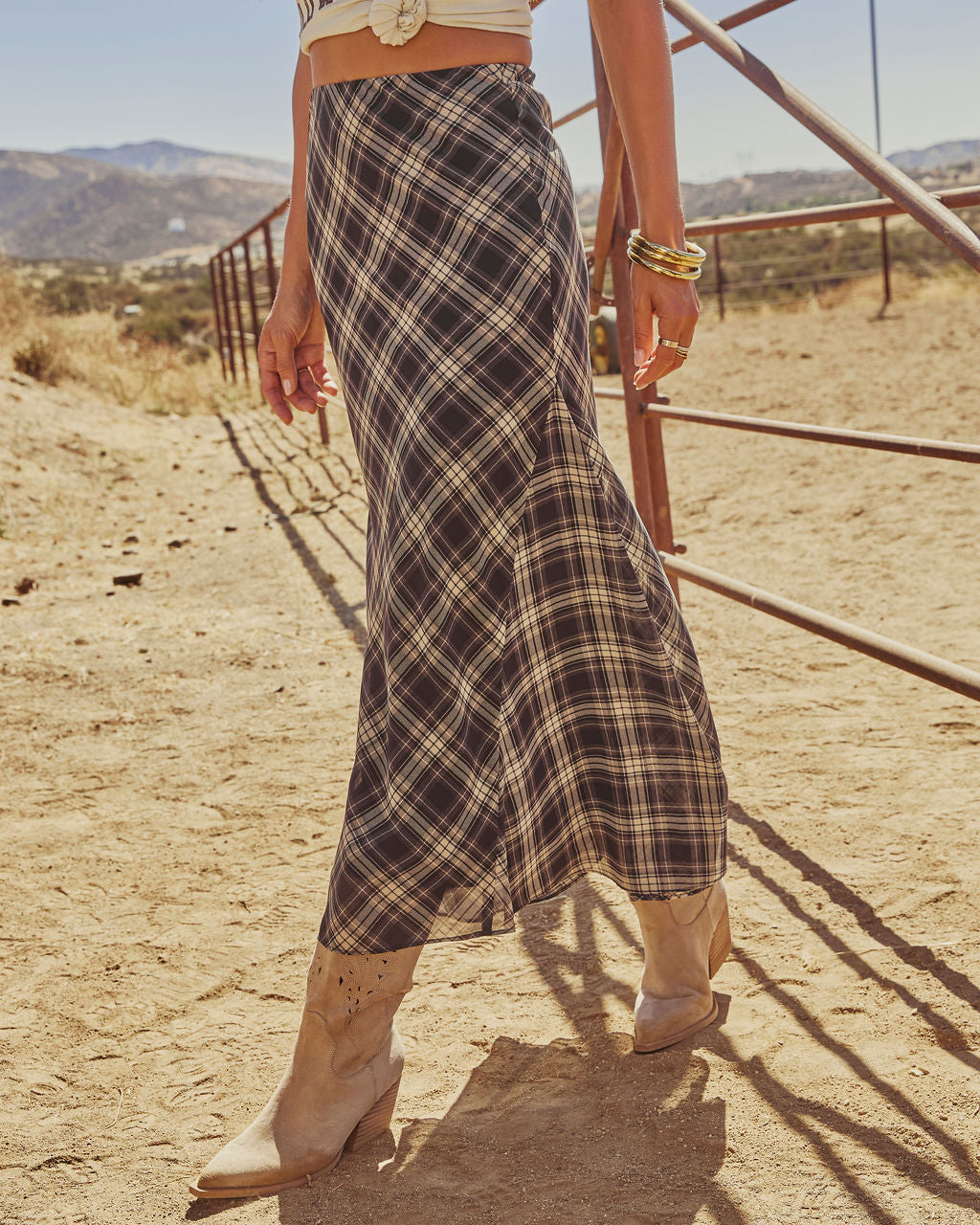 Here Again Plaid Midi Skirt