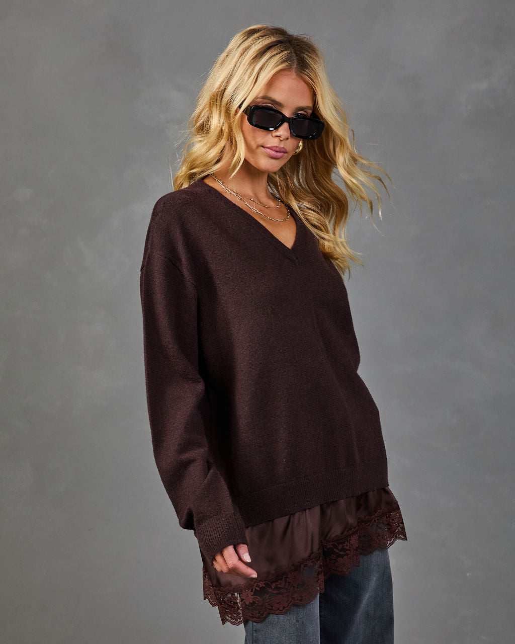 Desert Willow Knit Satin Lace Hem Sweater