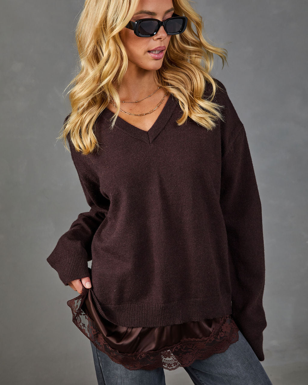 Desert Willow Knit Satin Lace Hem Sweater