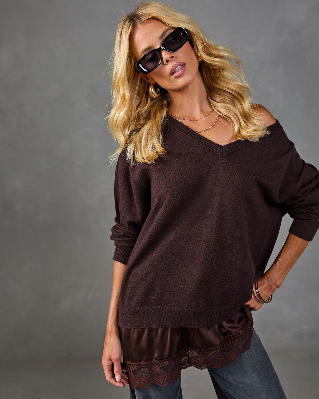 Desert Willow Knit Satin Lace Hem Sweater