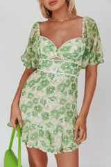 Catch Feelings Sweetheart Neckline Dot Trim Dress Floral Green