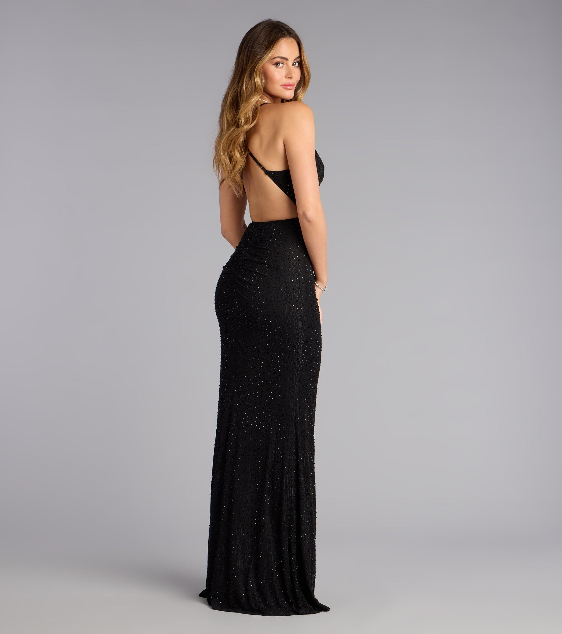 Lyra Rhinestone Mesh Cowl Neck Formal Dress
