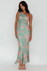 Portland One-Shoulder Jersey Maxi Dress Floral Green