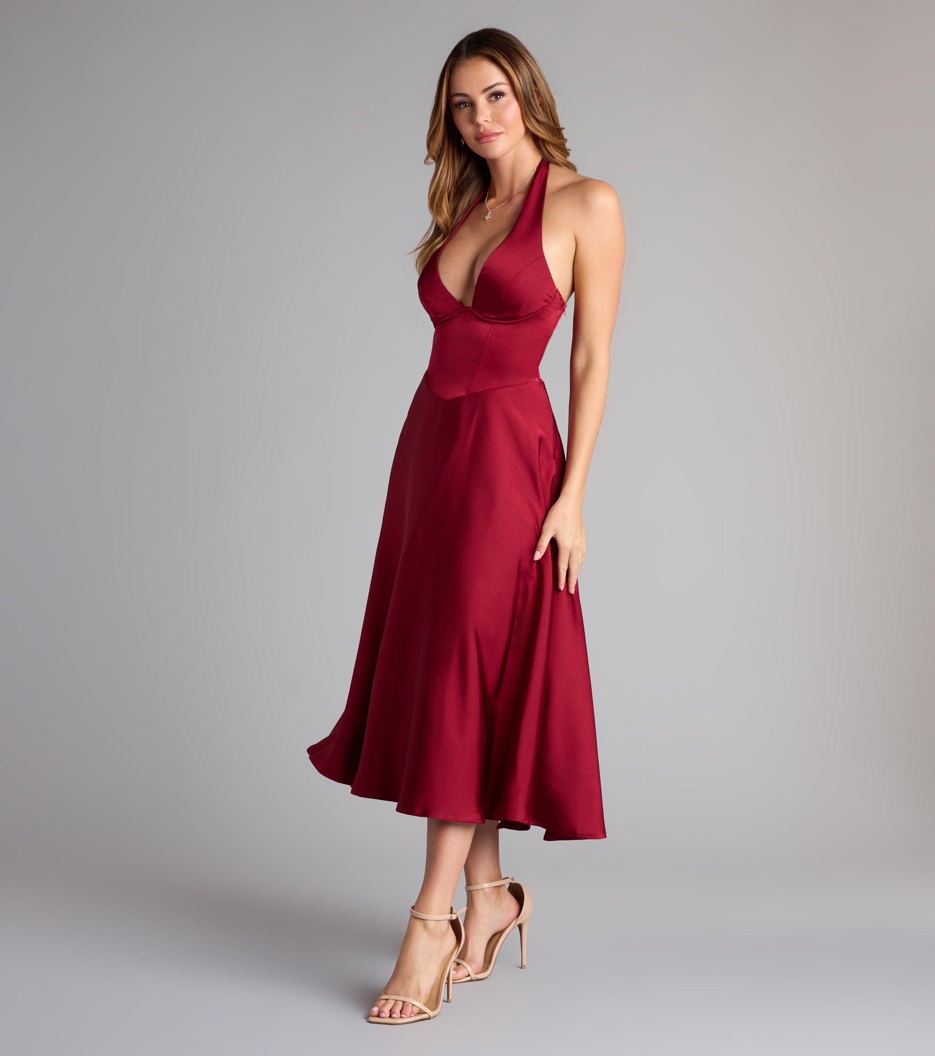 Love At First Twirl Halter Corset Satin Midi Dress