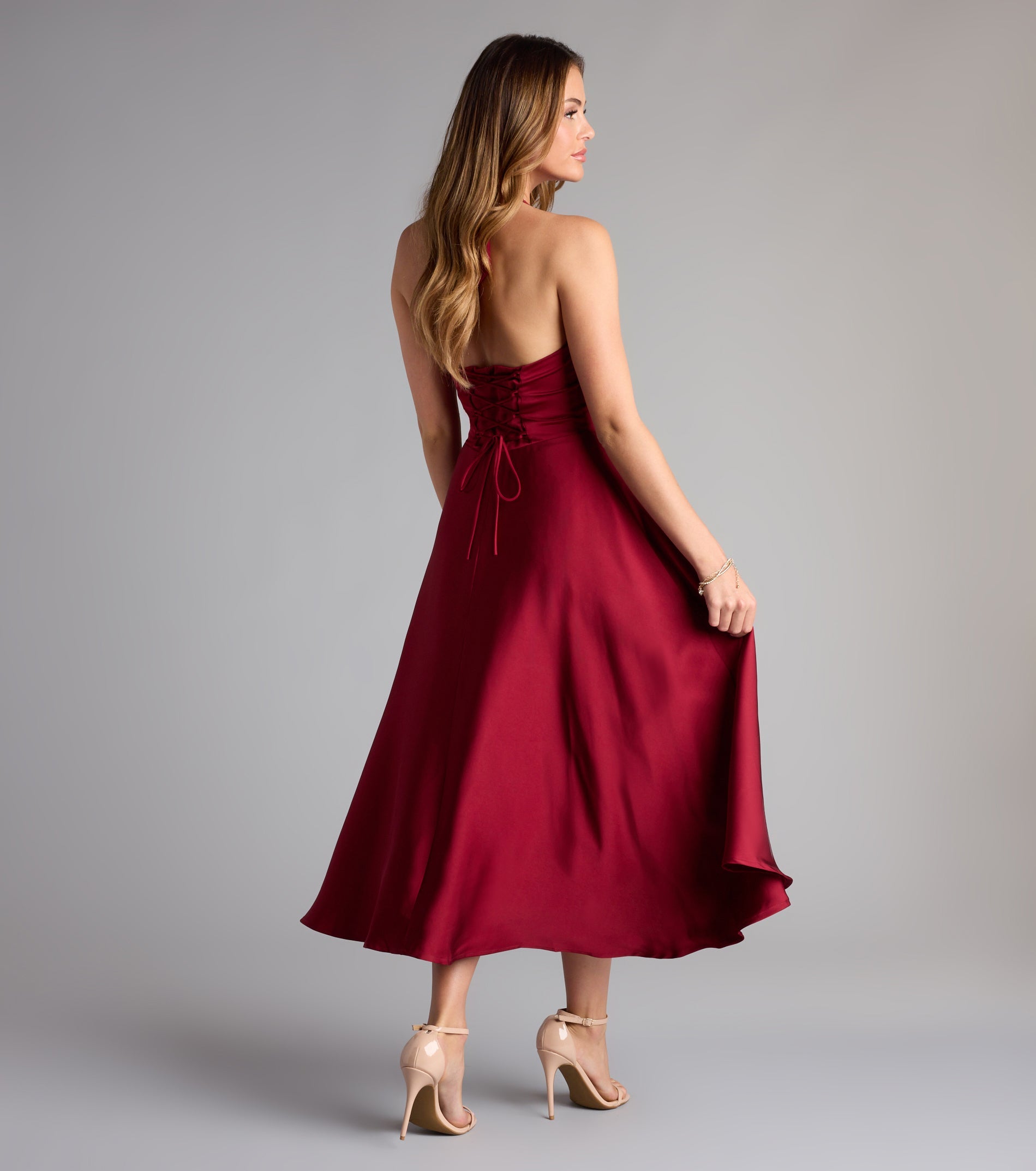 Love At First Twirl Halter Corset Satin Midi Dress