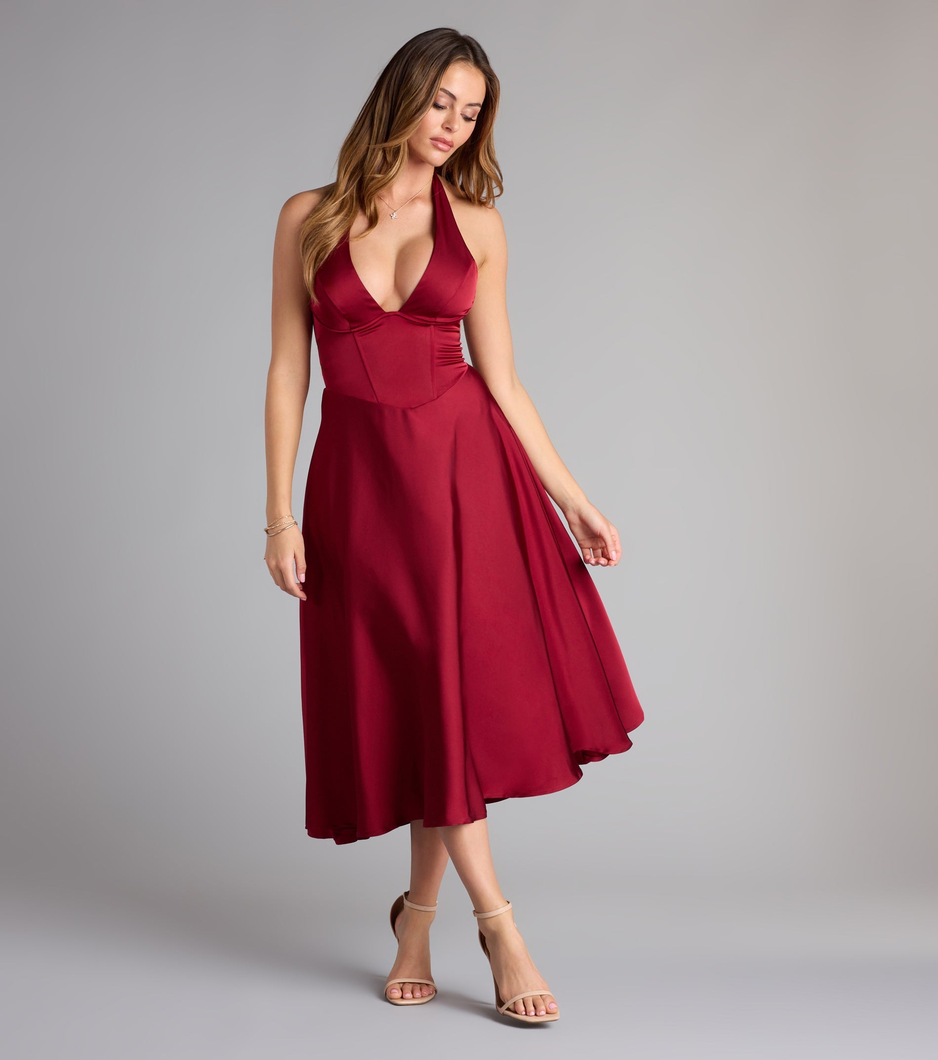 Love At First Twirl Halter Corset Satin Midi Dress