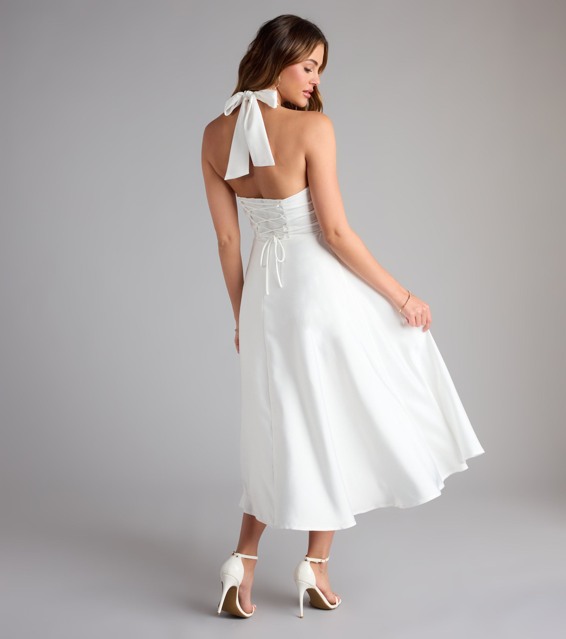 Love At First Twirl Halter Corset Satin Midi Dress