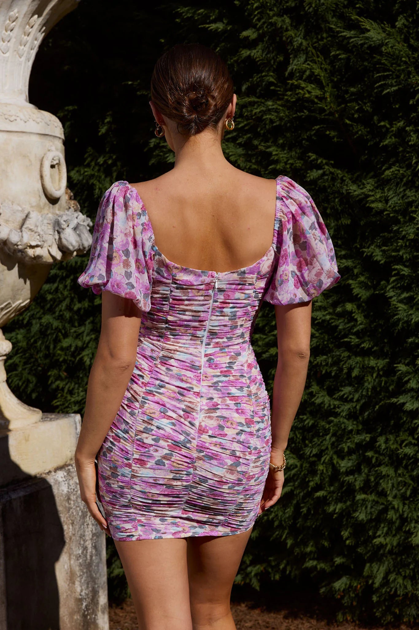 Magic Moment Ruched Drawstring Mini Dress Rose Print Purple