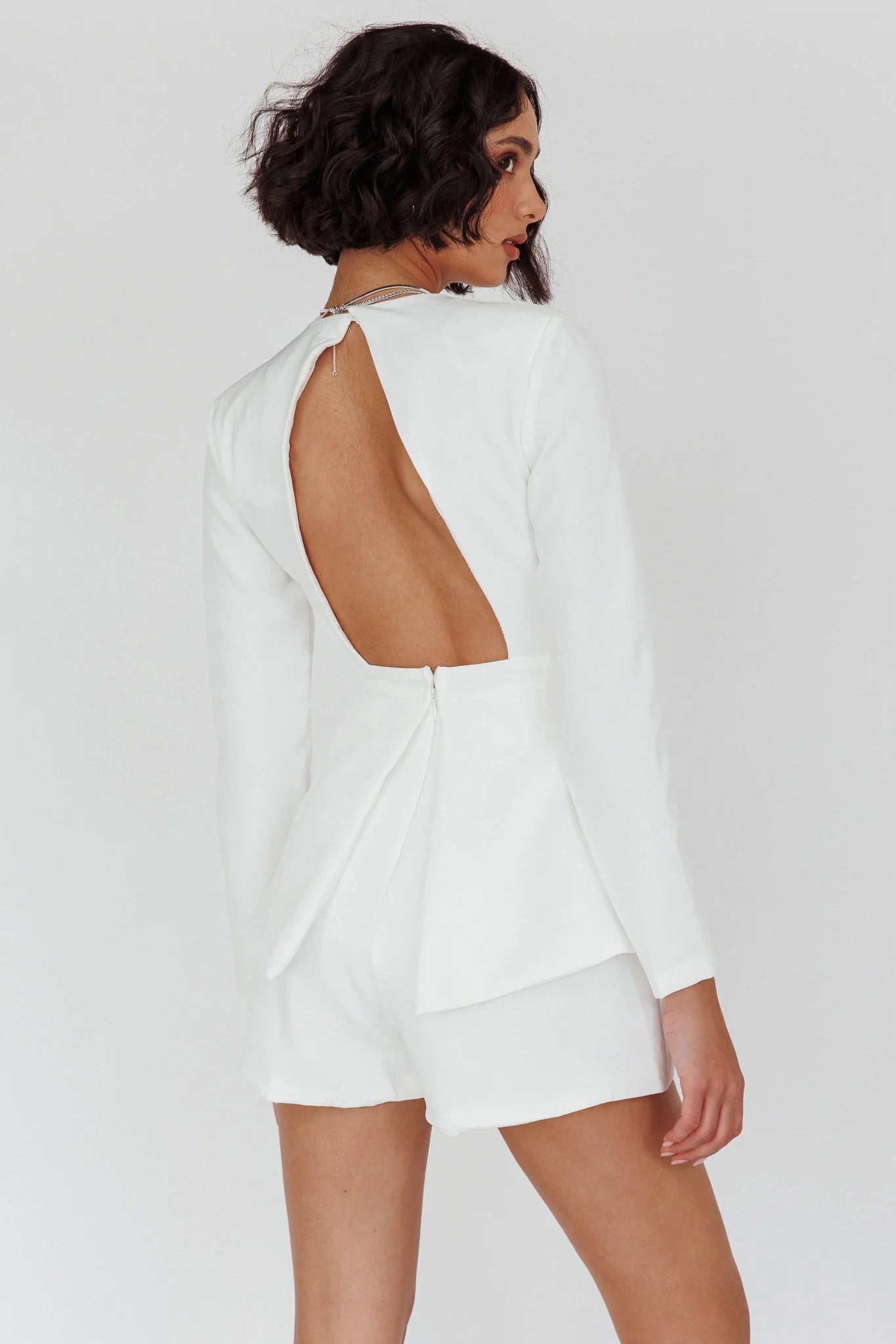 Kamanah Long Sleeve Plunging Neckline Romper White