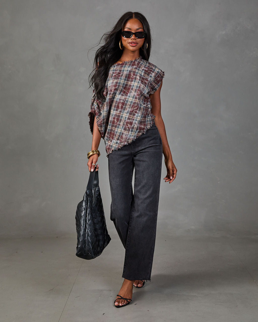 Alessi Plaid Off the Shoulder Frayed Trim Top