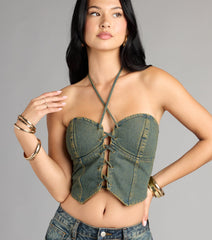 Lace Me Up Strapless Denim Halter Top