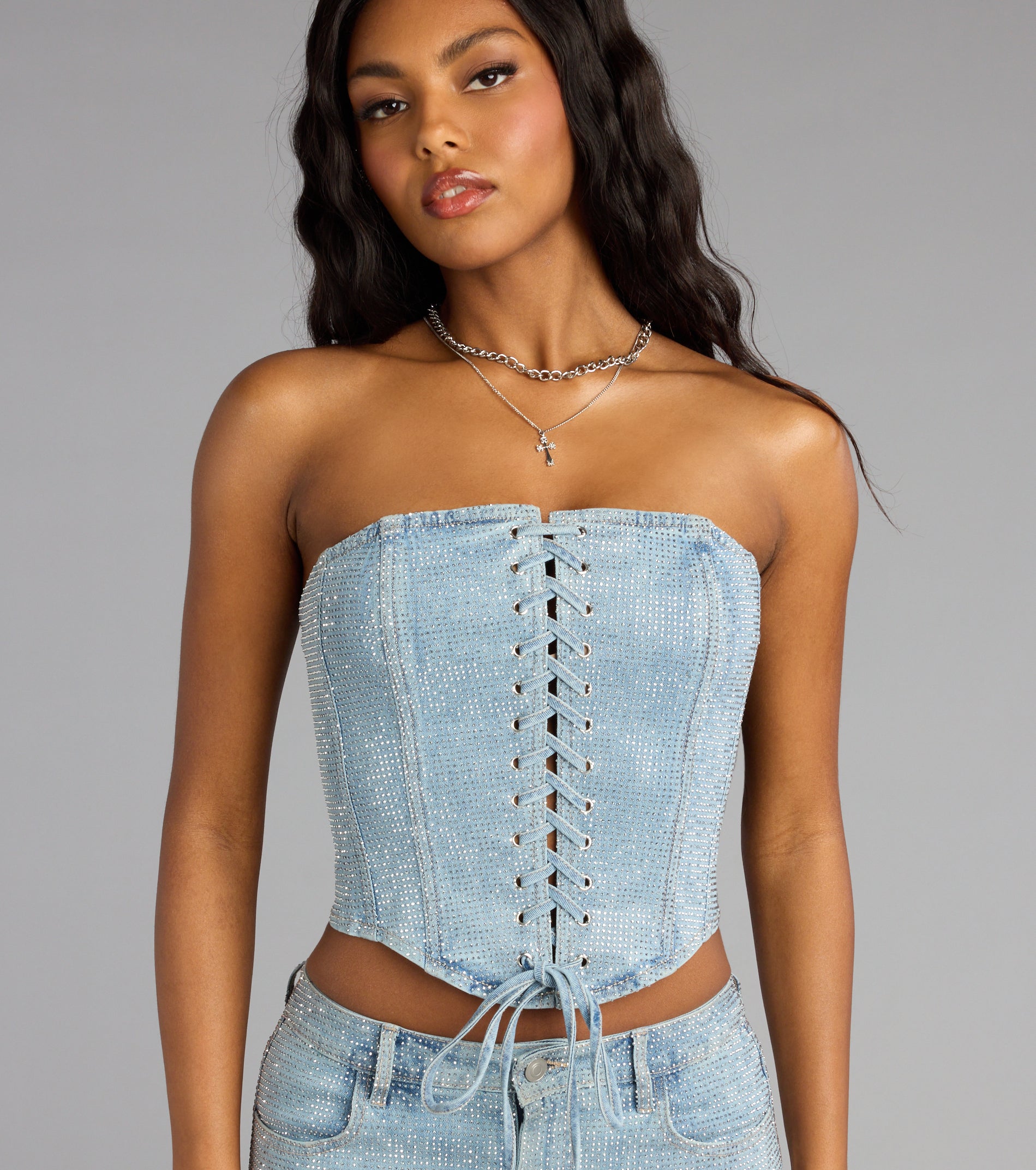 Crystal Crush Lace Up Denim Corset Top