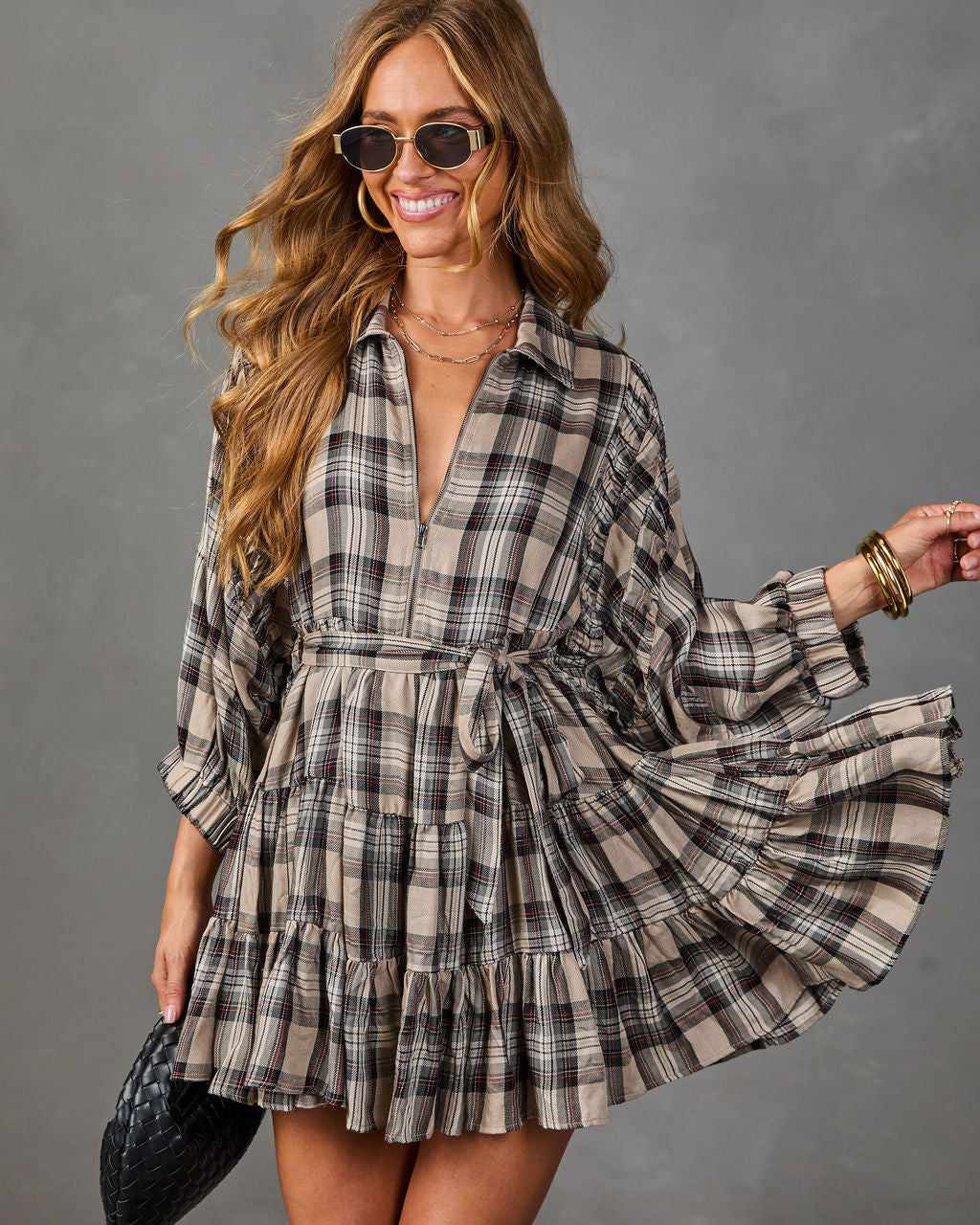 Rowena Plaid Waist Tie Mini Shirt Dress