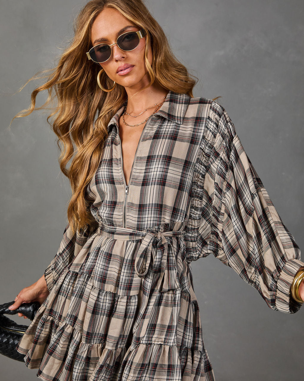 Rowena Plaid Waist Tie Mini Shirt Dress