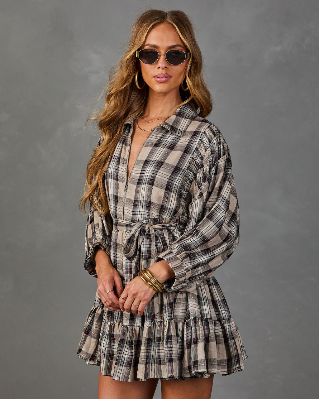 Rowena Plaid Waist Tie Mini Shirt Dress
