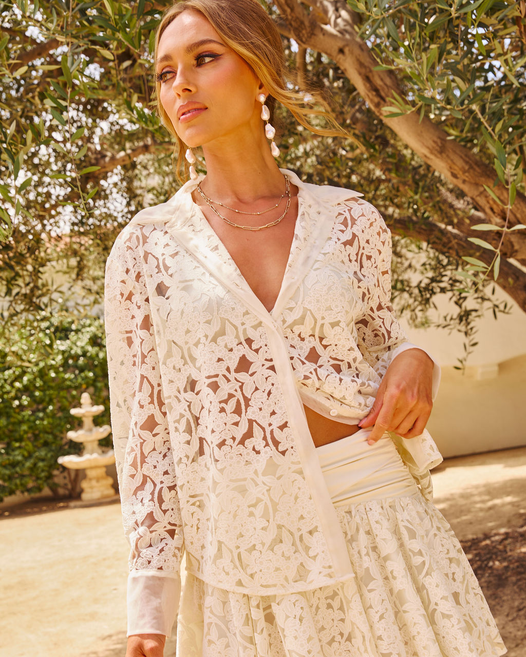 Bright Brunch Lace Button Down Top