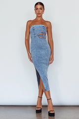 Glisten Cut-Out Buckle Waist Midi Dress Denim Blue