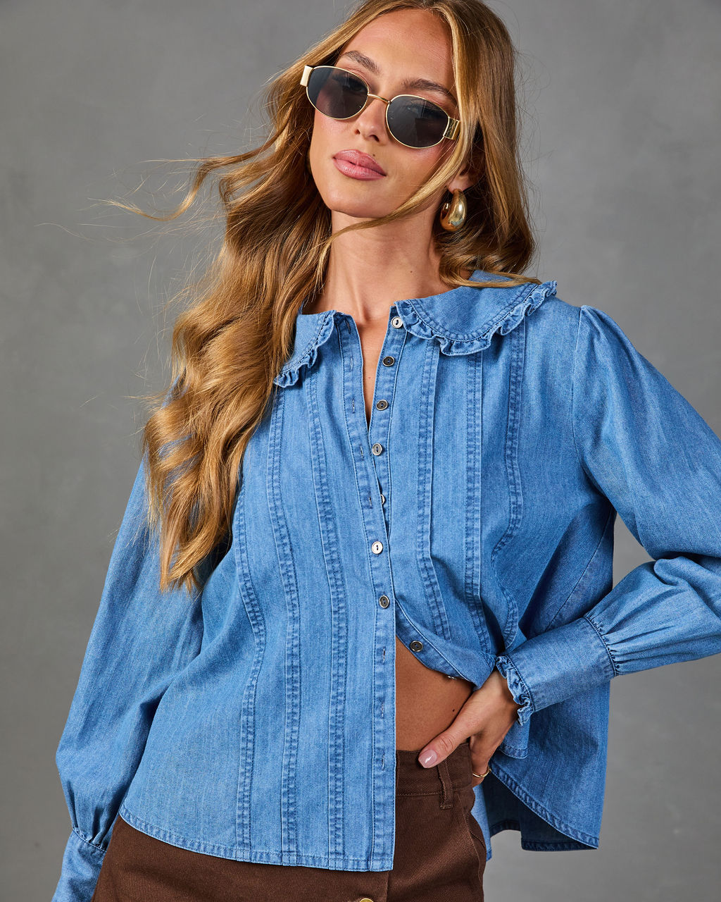 Willow Herb Chambray Ruffle Collar Top