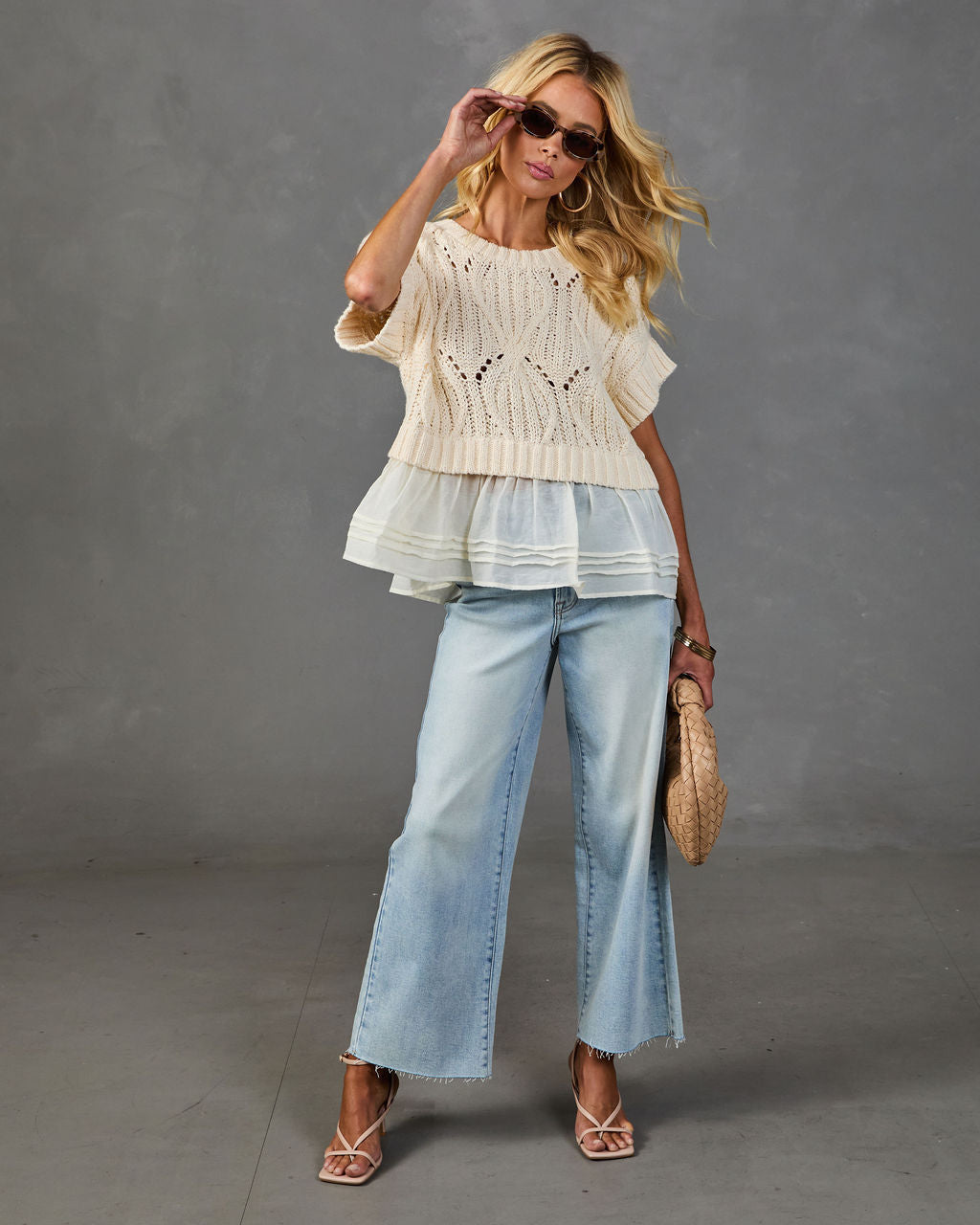 Sable Sky Open Knit Peplum Hem Sweater