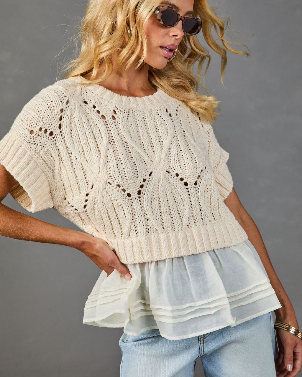 Sable Sky Open Knit Peplum Hem Sweater